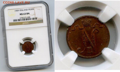 РИ. Финляндия. 1909. 1 пенни. MS63 BN NGC до 24.05 в 22.00 - 597087240
