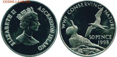 Крона Шайба Остров Вознесения 50 пенсов 1998 Птица Фрегат - krona_shajba_ostrov_voznesenija_50_pensov_1998_fregat_unc_fauna_pticy_wwf_sokhranim_prirodu