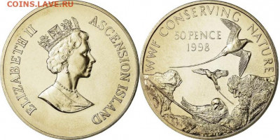 Крона Шайба Остров Вознесения 50 пенсов 1998 Фаэтон птица - Безымянный