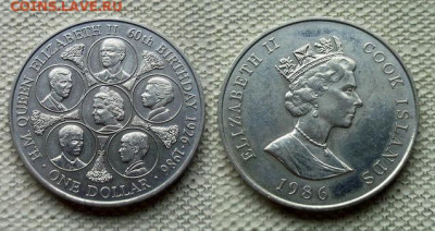 Крона Шайба Острова Кука 1$ доллар 1986 60 лет Королеве - krona_shajba_ostrova_kuka_1_dollar_1986_60_let_so_dnja_rozhdenija_korolevy_elizavety_ii