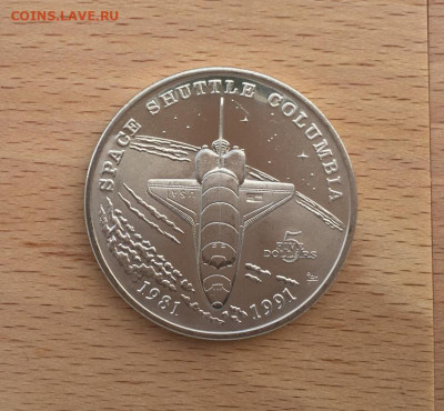 Крона Шайба Маршалловы Острова 5$ долларов 1991 шаттл - krona_shajba_marshallovy_ostrova_5_dollarov_1991_10_let_pervomu_poletu_shattla_kolumbija_kosmos_unc