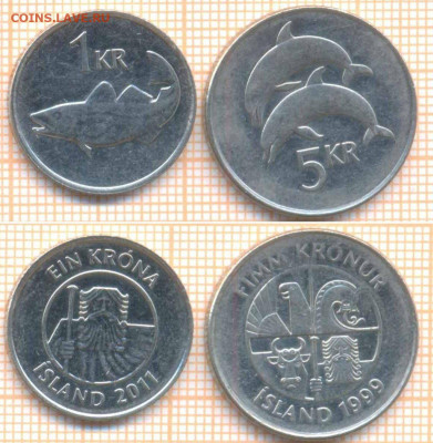 Исландия 5 крон 1999, 1 крона 2011 г., до 06.06.2020 г. 22.0 - Исландия 2 монеты 1054