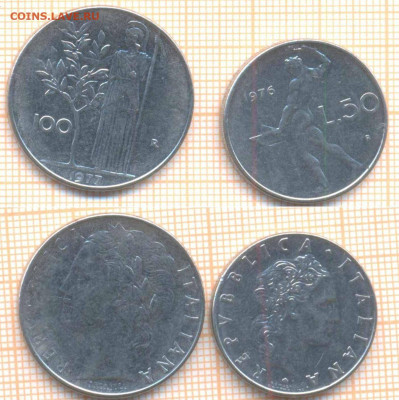 Италия 100 лир 1977, 50 лир 1976 г, до 08.06.2020 г. 22.00 п - Италия 100л77 50л76  1021