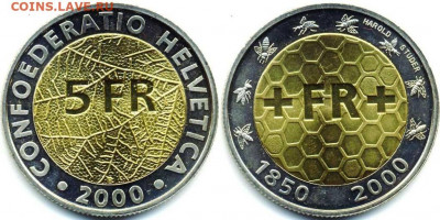 Биметалл Швейцария 5 франков 2000 монетная система Швейцарии - bimetall_shvejcarija_5_frankov_2000_150_let_shvejcarskoj_nacionalnoj_monetnoj_sisteme