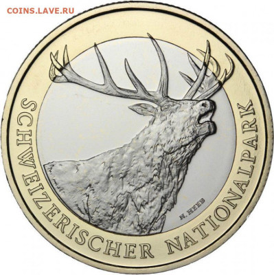 Биметалл Швейцария 10 франков 2009 Олень Фауна UNC - bimetall_shvejcarija_10_frankov_2009_olen_fauna_unc