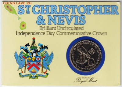 Крона Шайба Сент-Китс и Невис 20$ долларов 1983 Корабль - krona_shajba_sent_kits_i_nevis_20_dollarov_1983_parusnik_karta_sent_kristofer_korabl_flot