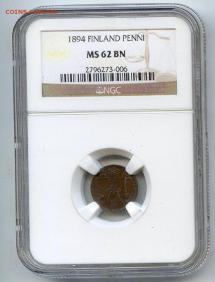РИ. Финляндия. 1894. 1 пенни. MS62 BN NGC до 14.06 в 22.00 - 612894330