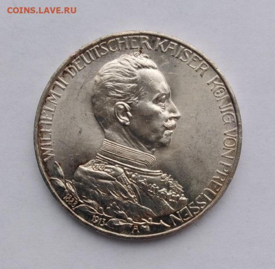 Пруссия 3 марки 1913г  25-летие правления Вильгельма II  unc - 3