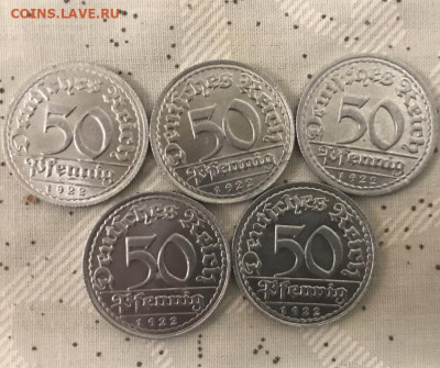 50 пфенниг 1922 года, 5 шт. до 21.06.20 - 36B51EFC-A59E-49BA-8C00-FA1D41B31F50