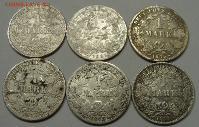 1 марка Германия. Империя 6 штук. Серебро. 1874-1914. - 1 марка Германия Империя 6 штук - 1