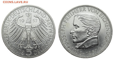 ФРГ. 5 марок 1957 г. Эйхендорф. До 27.06.20. - Р134.JPG