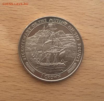 Крона Шайба Остров Мэн 1 крона 1989 парусник - krona_shajba_ostrov_men_1_krona_1989_200_let_mjatezhu_na_baunti_korabl_parusnik_lodka_flot