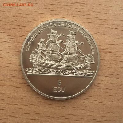 Крона Шайба Швеция 5 экю 1992 корабль король Швеции Густав - krona_shajba_shvecija_5_ekju_1992_korol_shvecii_gustav_adolf_korabl_parusnik_flot