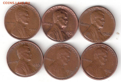 США одноцентовики:  6 монет нечастые: 1945,66,68,73,75,76 - 1 Сент-6шт аОлд Р