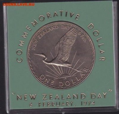 Крона Шайба Новая Зеландия 1$ доллар 1974 Аист памятная - krona_shajba_novaja_zelandija_1_dollar_1974_aist_den_vajtangi_v_pamjatnoj_korobke_fauna