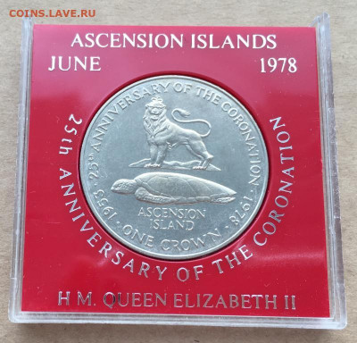 Крона Шайба Остров Вознесения 25 пенсов 1978 коронация Лев - krona_shajba_ostrov_voznesenija_25_pensov_1978_koronacija_lev_cherepakha_fauna_zhivotnye_pamjatnaja_korobka