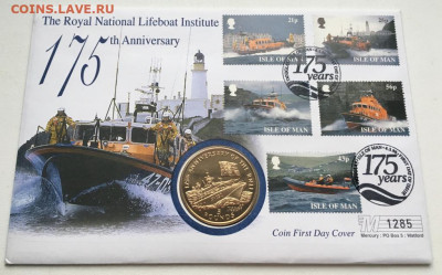 Крона Шайба Остров Мэн 5 фунтов 1999 Катер служба спасения - krona_shajba_ostrov_men_5_funtov_1999_175_let_sluzhbe_spasenija_kater_flot_kpd_konvert_pervogo_dnja