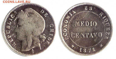 Чили. - Чили 1.2 сентаво 1872  KM-148 VG-3,5 F-6 VF-12 238