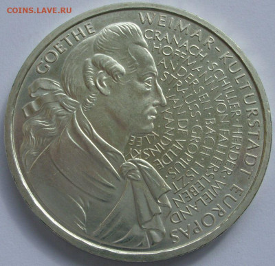 10 марок ФРГ 1999. Гёте. UNC. Серебро.Дешевле лома. - 10 марок ФРГ 1999 Гёте - 6-2