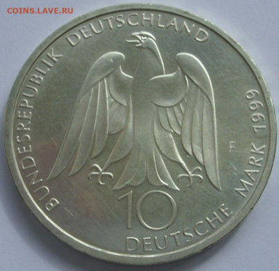 10 марок ФРГ 1999. Гёте. UNC. Серебро.Дешевле лома. - 10 марок ФРГ 1999 Гёте - 6-1