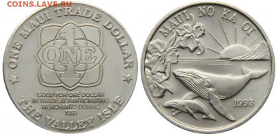 Мауи Гавайи Гавайские острова 1 торговый доллар 1993 Кит - maui_gavaji_gavajskie_ostrova_1_torgovyj_dollar_1993_ryba_kit_fauna_zhivotnye_unc