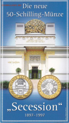 Биметалл Австрия 50 шиллингов 1997 Дворец - bimetall_avstrija_50_shillingov_1997_100_let_venskomu_secessionu_dvorec_buklet