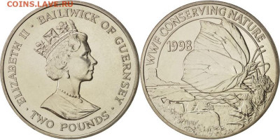 Крона Шайба Гернси 2 фунта 1998 бабочка Лимонница UNC фауна - krona_shajba_gernsi_2_funta_1998_babochka_limonnica_unc_fauna_wwf_sokhranim_prirodu_fond_dikoj_prirody