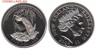 Крона Шайба Новая Зеландия 5$ доллар 2005 Пингвин - krona_shajba_novaja_zelandija_5_dollar_2005_tolstokljuvyj_pingvin_unc_ptica_fauna_tirazh_4000_sht_redkaja