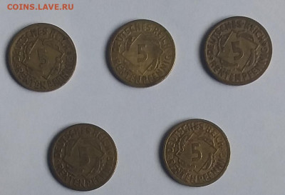 5 монет номиналом 5 рентенпфенинга (A,D,F,G,J), Германия1924 - 5 Германия 1924в