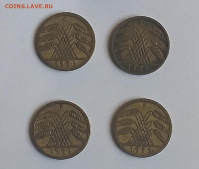 4 монеты Германии номиналом 5 рентенпфеннига 1924 (А,D,F,E) - Германия  5 рентпф 4 шт а