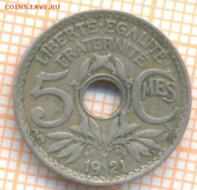 Франция 5 сантимов 1921 г., до 12.10.2020 г. 22.00 по Москве - Франция 5 сантимов 1921 1902а
