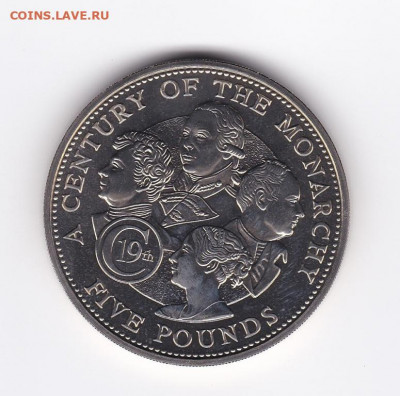Крона Шайба Гернси 5 фунтов 2001 Век монархии 19 век - krona_shajba_gernsi_5_funtov_2001_vek_monarkhii_19_vek_tirazh_5700_sht_praviteli