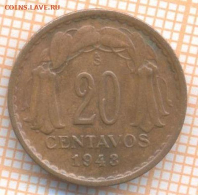 Чили 20 сентаво 1943 г., до 28.10.2020 г. 22.00 по Москве - Чили 20 сентаво 1943 2105