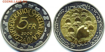 Биметалл Швейцария 5 франков 2000 Карнавал в Базеле - bimetall_shvejcarija_5_frankov_2000_karnaval_v_bazele