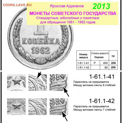 1 копейка 1962 г.  разновидности - 1 копейка 1962 - варианты