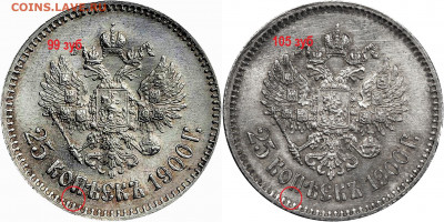 25 копеек 1900 г., две разновидности. - 25 две разновидности