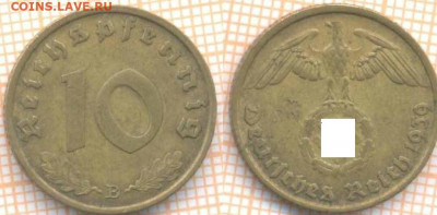 Германия 10 пф 1939 B г., до 30.11.2020 г. 22.00 по Москве - Германия 10пф 1939 2408закраш