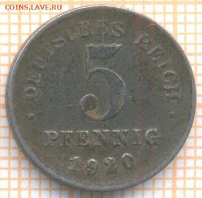 Германия 5 пф 1920 D г., до 02.12.2020 г. 22.00 по Москве - Германия 5 пф 1920 2445
