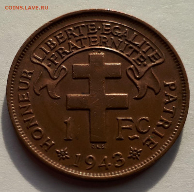 Французская Экваториальная Африка 1 франк 1943 г. Сохран! - 2