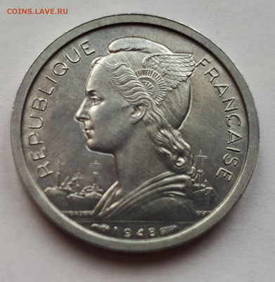 Реюньон Французский 1 франк 1948. Сохран! UNC - 6