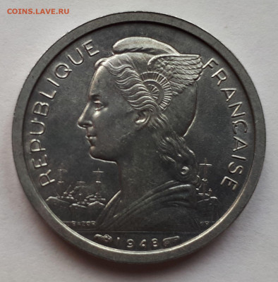 Реюньон Французский 1 франк 1948. Сохран! UNC - 5