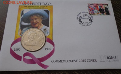о.МЭН - крона 95 лет Королеве-матери конв. до 11.12, 22.00 - о-в Мэн 1 крона 1995 95 лет Королеве-матери (розовая лента, № 03941)_1