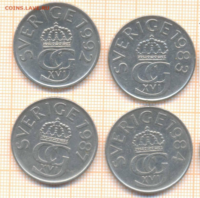 Швеция 5 крон 1983-92 гг., фикс - 25 руб - Швеция 5 крон 6шт фикс 848
