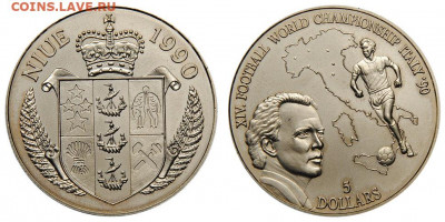 Крона Шайба Ниуэ 5$ долларов 1990 Чемпионат мира по футболу - 15547.970