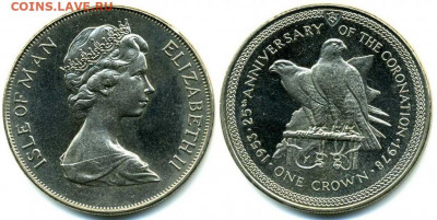 Крона Шайба Остров Мэн 1 крона 1978 25 лет коронации Соколы - krona_shajba_ostrov_men_1_krona_1978_25_let_koronacii_korolevy_elizavety_ii_sokol_fauna