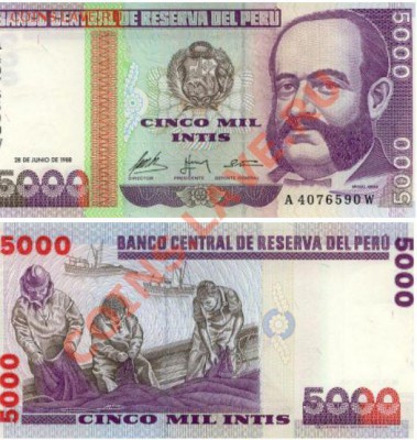Иностранные банкноты по привлекательной цене. Пресс. - Перу 5.000 интис 1988г