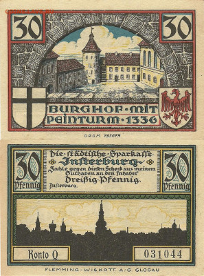 Досчитаем до 10 000 или более - 1336 нотгельд 30 пфеннигов 1921. Инстербург. Замковый двор с Башней боли. В нижних углах гербы Бранденбурга и Тевтонского ордена.