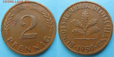 Ходячка ФРГ 2 пфеннига 1950-1967. - 48.1. -ФРГ 2 пфеннига 1950 D    166-ас7-5132