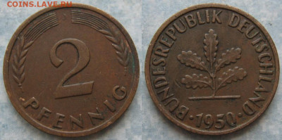 Ходячка ФРГ 2 пфеннига 1950-1967. - 48.4. -ФРГ 2 пфеннига 1950 J    205-ас106-11582