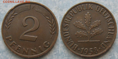 Ходячка ФРГ 2 пфеннига 1950-1967. - 48.7. -ФРГ 2 пфеннига 1958 F    205-ас106-11579